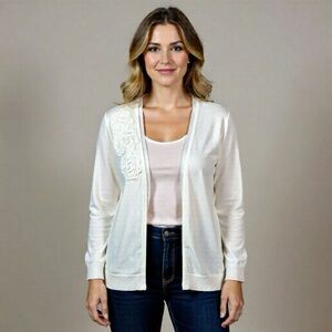 Anne Klein White Cardigan Flowers Career Womens Size Medium 3/4 Sleeve